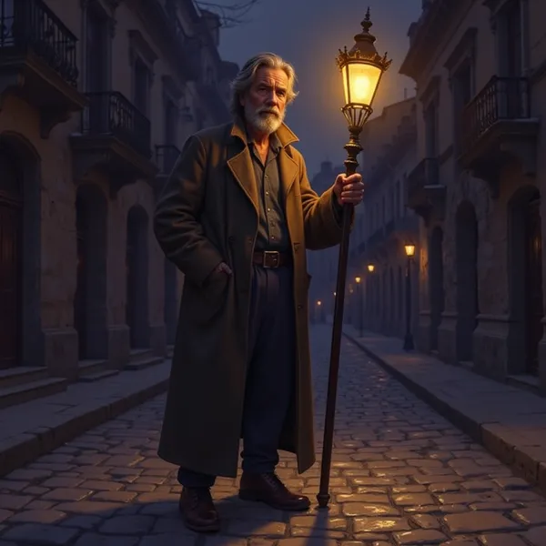 Alder, the Lamplighter — a grey-bearded man in a long coat on a foggy cobbled street at dusk, holding a tall staff topped with a glowing lantern.