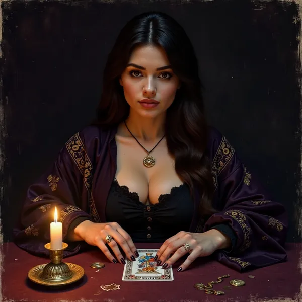 Odile, the Reader — a dark-haired woman in an embroidered violet robe seated at a candlelit table, one tarot card turned face-up before her.