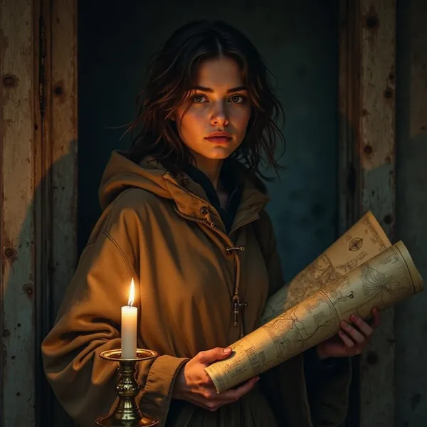 Wren, the Wayfinder — a young woman in an ochre hooded cloak standing in a weathered doorway, a lit candle beside her, holding a rolled map.